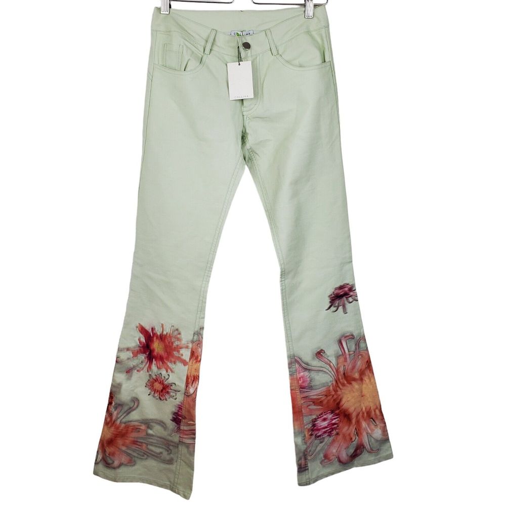 Collina Strada Green Orange Pink Floral Flare Low Rise Pants Sz S USA Made
